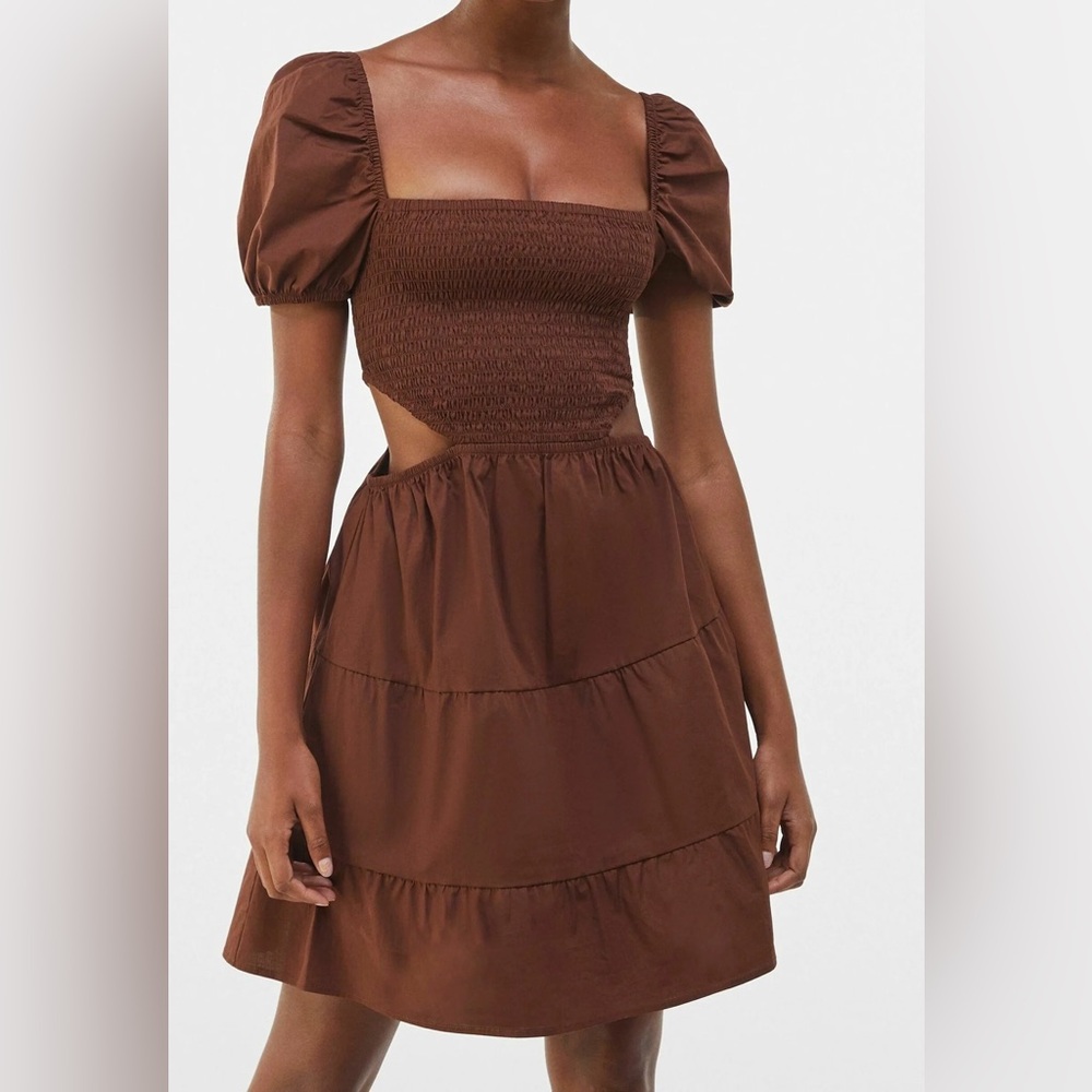 Missguided Smocked Cut Out Baby Doll Mini Dress Chocolate Brown Sz 8